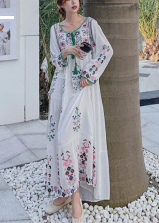 New Arrival luxury dressBohemian White O-Neck Embroideried Floral Cotton Holiday Dresses Long Sleeve New Arrival luxury dressBohemian White O-Neck Embroideried Floral Cotton Holiday Dresses Long Sleeve