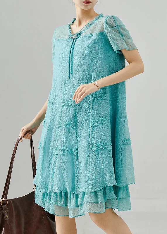 boho dressBeautiful Lake Green Tasseled Ruffled Silk Dress Summer