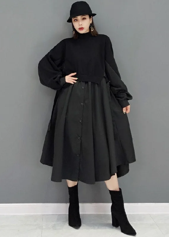 Year-End Sale midi dressBoho Black Turtle Neck Patchwork Cotton Vacation Dresses Long Sleeve Year-End Sale midi dressBoho Black Turtle Neck Patchwork Cotton Vacation Dresses Long Sleeve