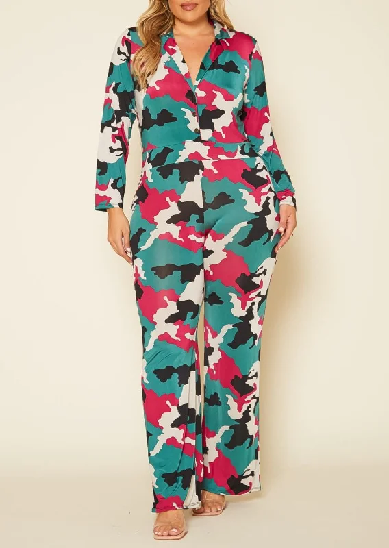 Major Savings Hi Curvy Plus Size Camo Collared Jumpsuit