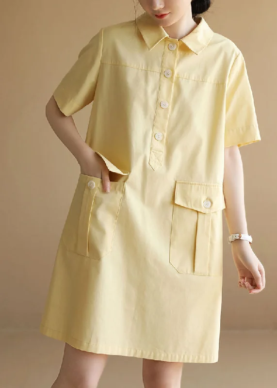 trendy wrap dressClassy Solid Yellow Peter Pan Collar Pockets Button Cotton Maxi Dress Short Sleeve