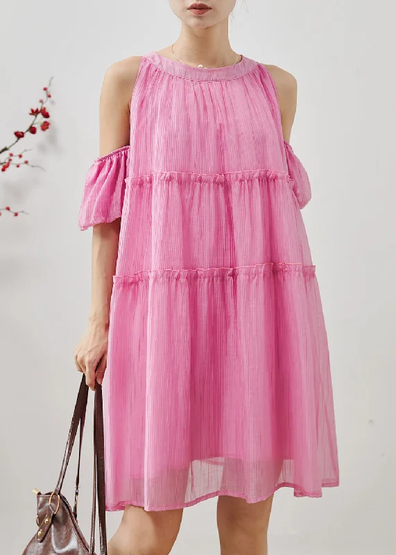 chic wrap dressClassy Pink Cold Shoulder Chiffon Beach Dress Summer