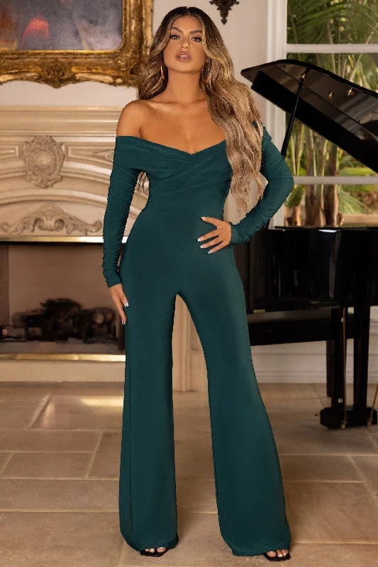 Best Seller Hand On Heart | Bottle Green Twist Front Bardot Long Sleeve Jumpsuit