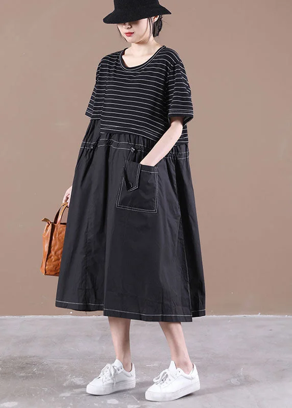 Deal Dash boho dressPlus Size Black O-Neck Patchwork Striped Cotton Long Dress Short Sleeve