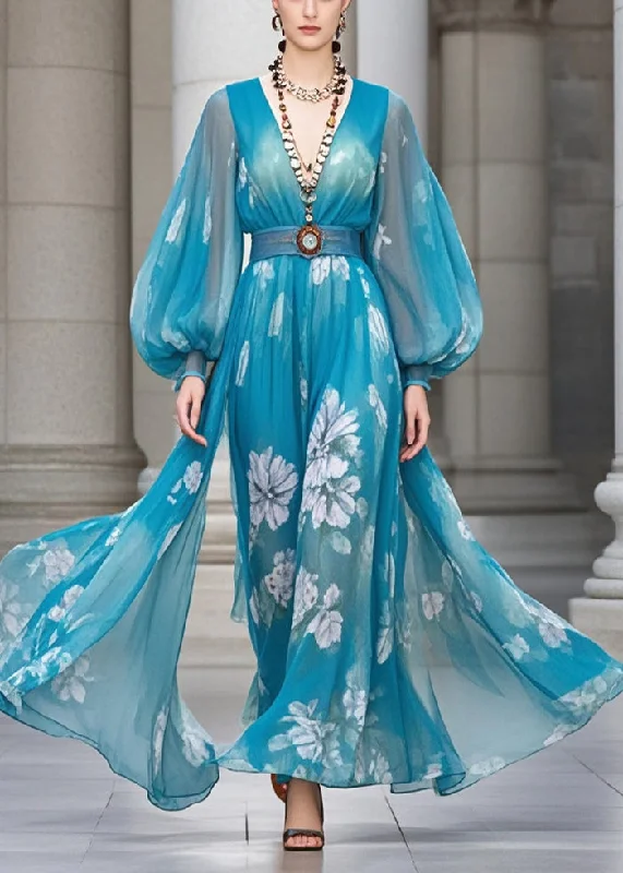 Blowout Sale floral wrap dressVintage Blue Cinched Print Chiffon Robe Dresses Lantern Sleeve