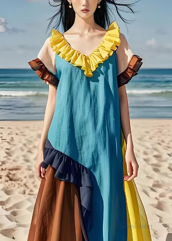 Crazy Savings winter dressNatural Colorblock Ruffled Patchwork Cotton Dresses Summer Crazy Savings winter dressNatural Colorblock Ruffled Patchwork Cotton Dresses Summer