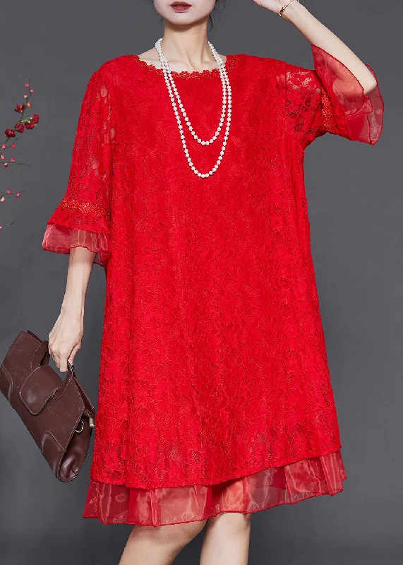 off-shoulder dressHandmade Red Oversized Patchwork Lace Mid Dress Flare Sleeve