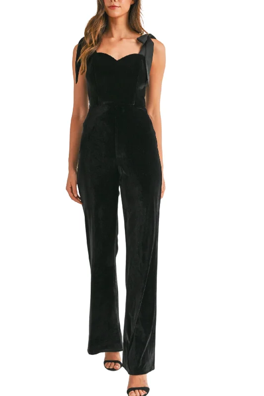 Limited Time Discount Satin Shoulder Tie Velvet Flare Jumpsuit
