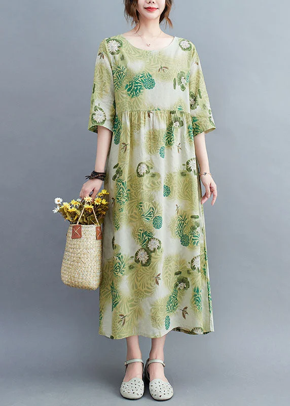 Savings Event form-fitting dressElegant Green O-Neck Wrinkled Print Cotton Long Dress Half Sleeve