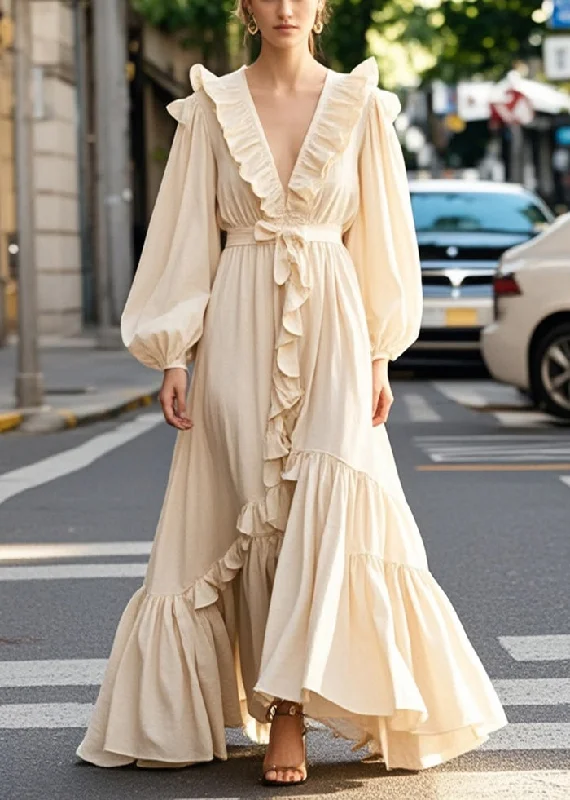 elegant evening dressElegant Champagne Color Ruffled Exra Large Hem Long Dress Spring