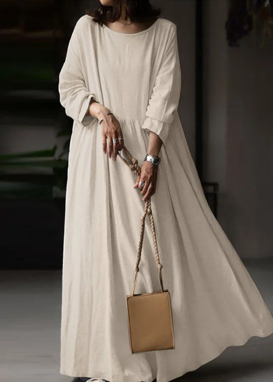 Weekend Deal t-shirt dressPlus Size Beige O Neck Wrinkled Patchwork Cotton Maxi Dress Spring