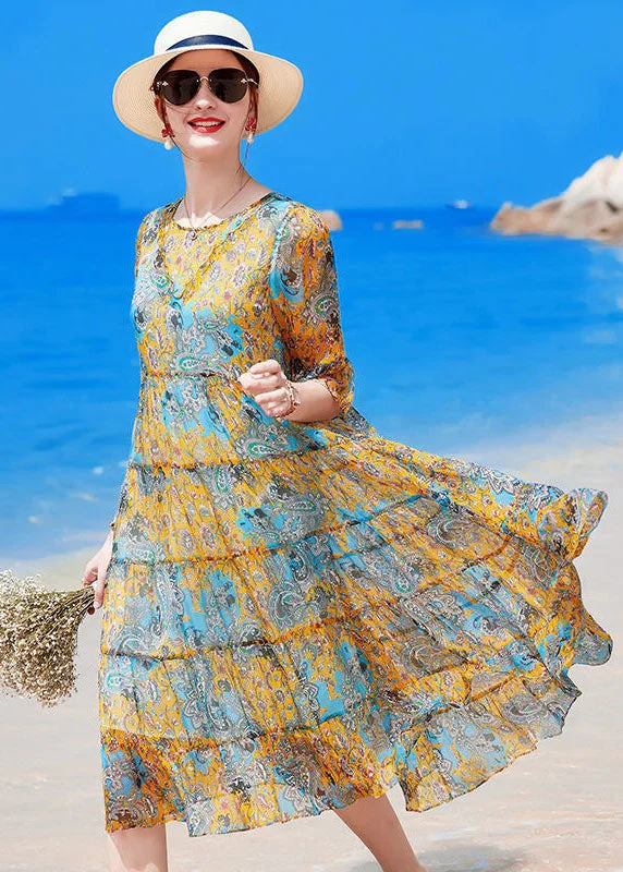 statement dressWomen Yellow O-Neck Patchwork Print Silk Holiday Dress Short Sleeve