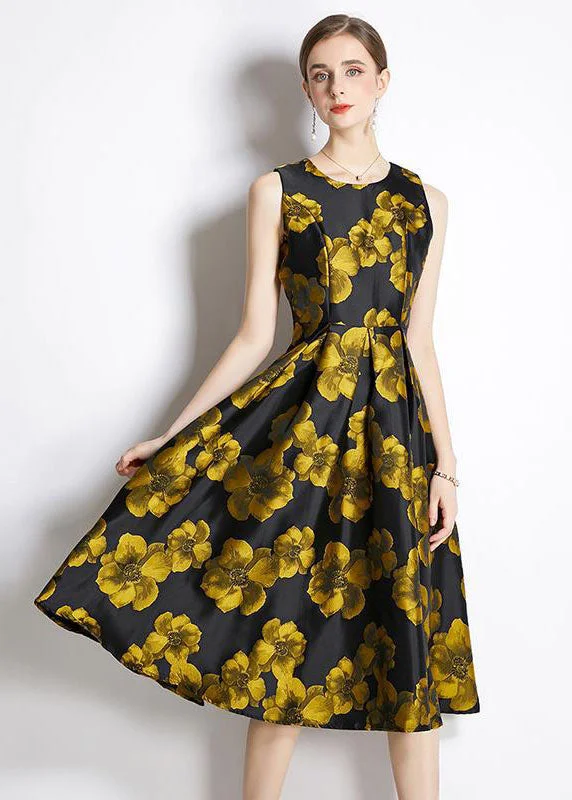 satin dressChic Yellow O-Neck Print Silk A Line Dress Sleeveless