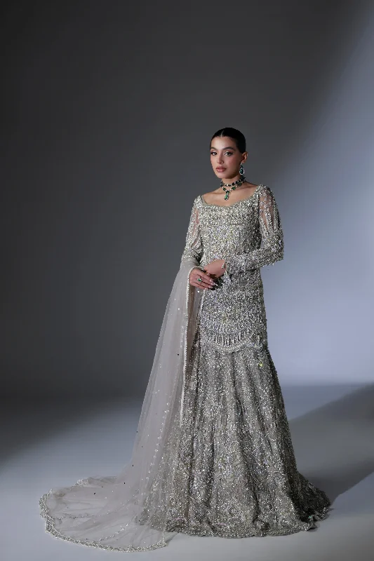 Sale Event mini dressNet Pakistani Bridal Dress in Grey Lehenga Shirt Style