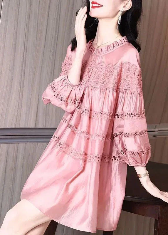 party-ready dressFrench Pink Ruffled Patchwork Lace Silk Dresses Saia Puff Sleeve