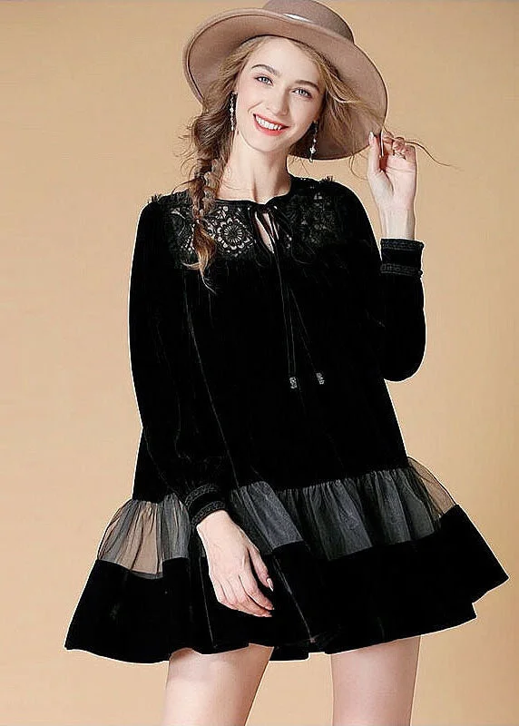 chic slip dressWomen Black Embroideried Patchwork Velour Mini Dress Spring