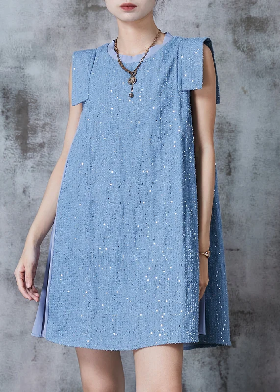 satin dressFrench Blue Sequins Patchwork Denim Day Dress Summer