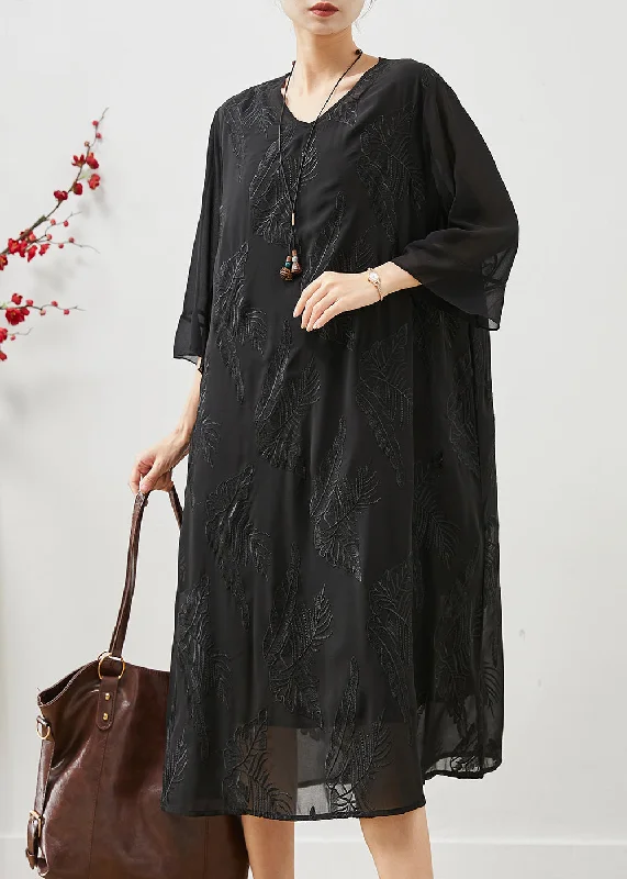 Super Sale structured dressFine Black Embroidered Chiffon Long Dresses Summer