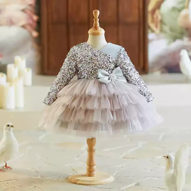 Stock Clearance spaghetti strap dressNew Year Sequin Dress Girls Grey Birthday Dress Flower Girl Princess Dress