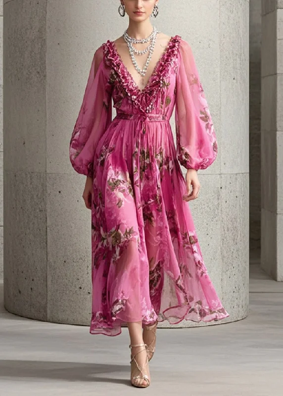Final Clearance party dressHandmade Rose Ruffled Print Chiffon Maxi Dress Fall