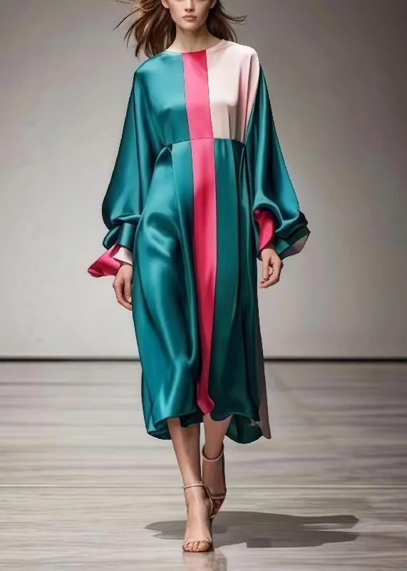 chic shift dressFrench Green Oversized Patchwork Silk Dresses Lantern Sleeve