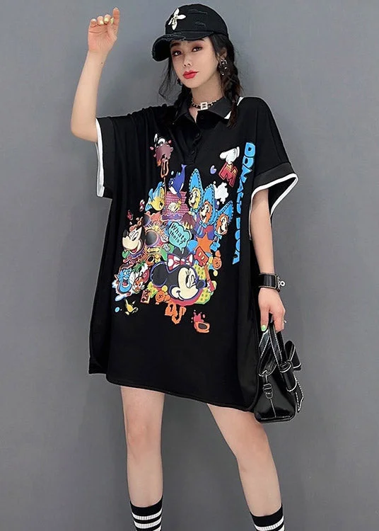 knit dressChic Black Peter Pan Collar Print Mid Dresses Short Sleeve