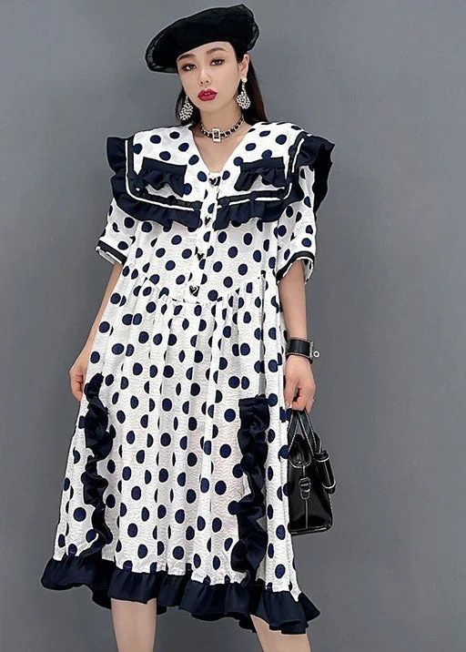 casual day dressChic White Sailor Collar Ruffled Patchwork Dot Print Mid Dresses Short Sleeve