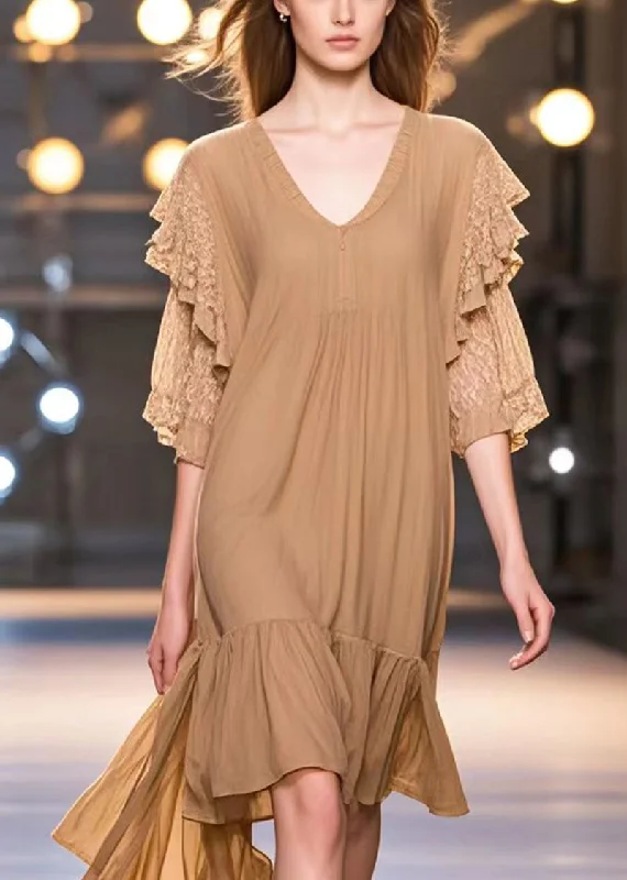 Crazy Deals comfy maxi dressBohemian Khaki V Neck Patchwork Cotton Work Dress Summer