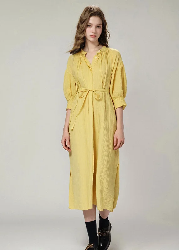 Shop and Save lace-up dressStylish Yellow Lace Up Loose Cotton Shirts Dress Summer