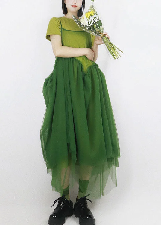 YEAR-End Clearance vintage dressOrganic Green Patchwork Hollow Out Tulle Spaghetti Strap Dress Long Smock Summer