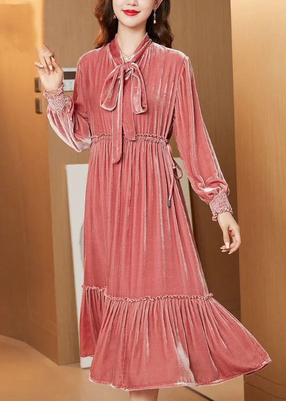 Low Prices boho dressStyle Orange Bow Collar Ruffled Silk Velour Cinched Dress Spring Low Prices boho dressStyle Orange Bow Collar Ruffled Silk Velour Cinched Dress Spring