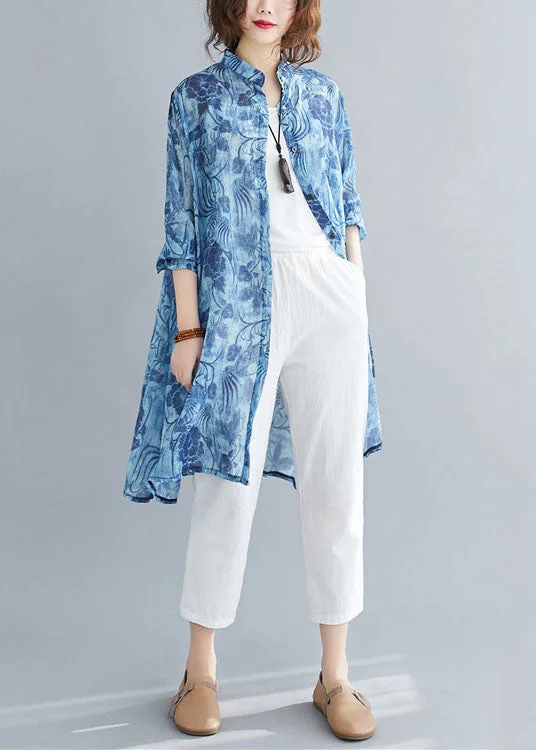 shift dressCasual Blue Print Button Patchwork Linen Mid Shirts Dress Spring