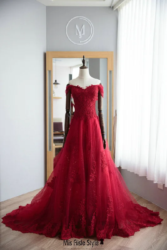 Grand Opening Sale draped dressA line Off Shoulder Sleeve Deep Red Lace Wedding Dress