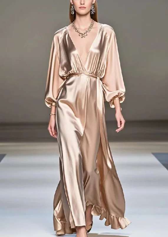 Lowest Price formal dressBoho Champagne V Neck Ruffles Silk Long Dresses Spring
