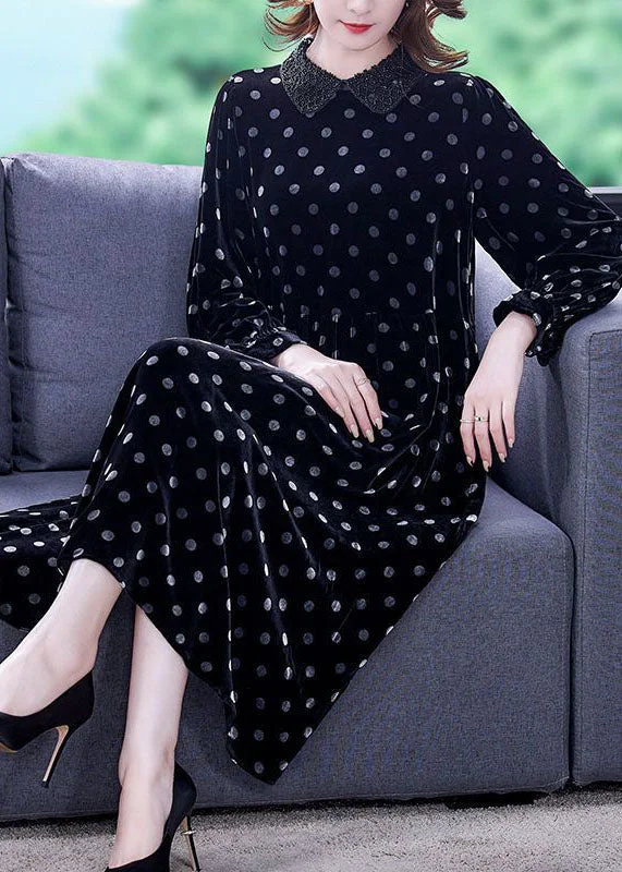 Deal Dash party-ready dressDiy Black Peter Pan Collar Dot Print Nail Bead Silk Velour Holiday Dress Spring
