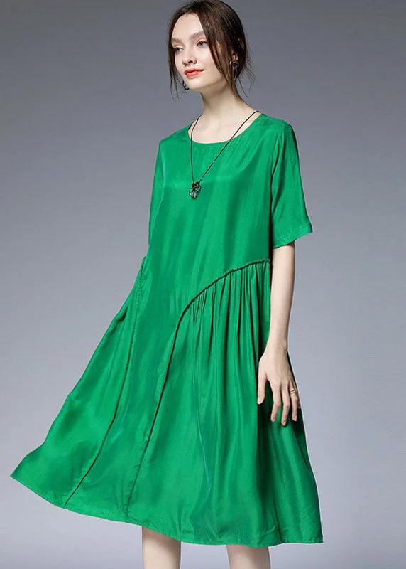 long-sleeve floral dressChic Green O-Neck Asymmetrical Silk Holiday Dresses Short Sleeve