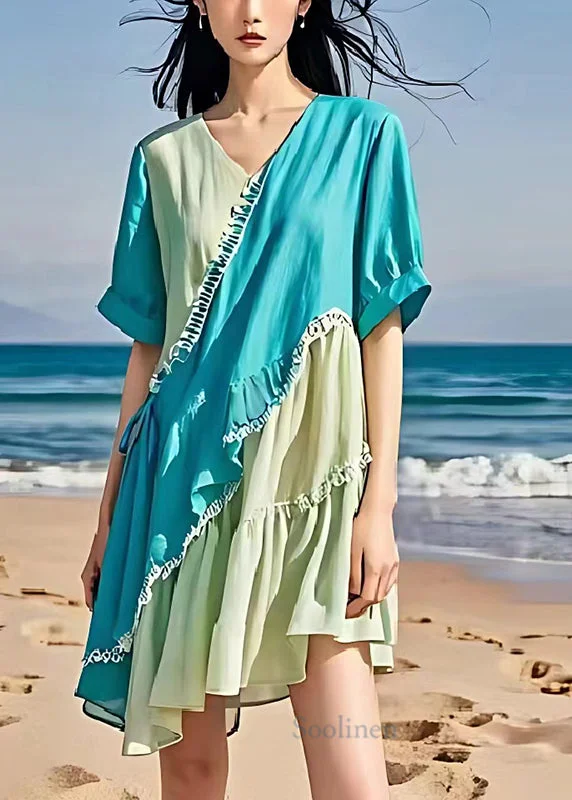 floral dressBohemian Colorblock Asymmetrical Patchwork Ruffled Linen Dresses Summer