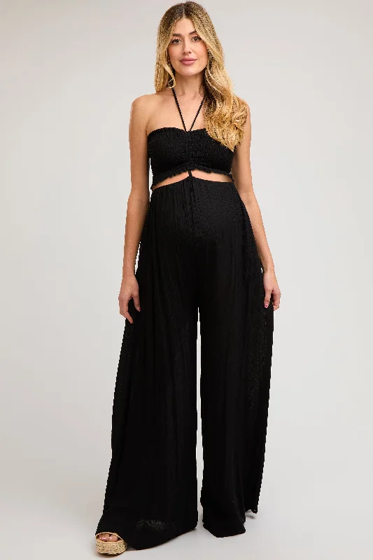 Closeout Black Smocked Drawstring Halter Side Cutout Maternity Jumpsuit