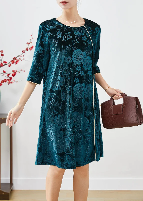 satin dressBoutique Peacock Green Jacquard Silk Velour Mid Dress Half Sleeve