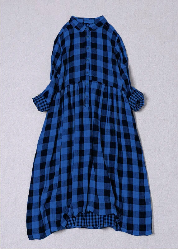 office dressBohemian Blue White Plaid PeterPan Collar Pockets Button Fall Patchwork Dresses