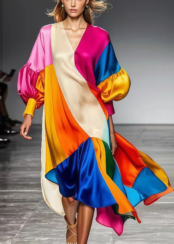 ashionable dressArt Multicolor Oversized Patchwork Silk Robe Dresses Lantern Sleeve