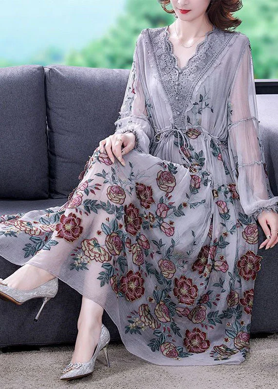 Stock Clearance puff sleeve dressWomen Grey V Neck Patchwork Embroideried Silk Cinched Dress Lantern Sleeve