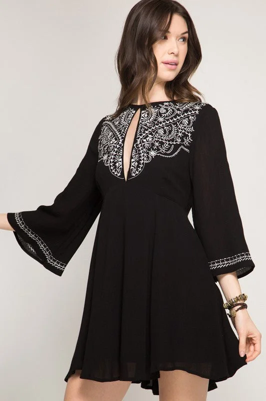 casual slip dressDress W/ Bohemian Embroidery & Keyhole