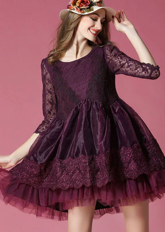 summer dressBoho Dark Purple Embroideried Lace Patchwork Organza Mini Dresses Summer