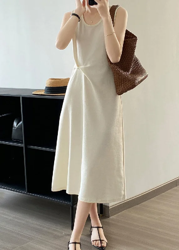 structured dressFrench Style White U Neck Cotton Long Dresses Sleeveless