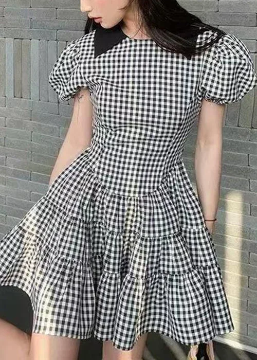 Unmissable Offer flowy maxi dressNew Plaid High Waist Patchwork Cotton Mid Dress Puff Sleeve