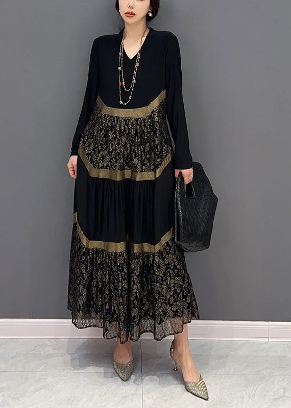 Discount Deals comfy maxi dressCasual Black V Neck Tulle Patchwork Wrinkled Long Dress Spring