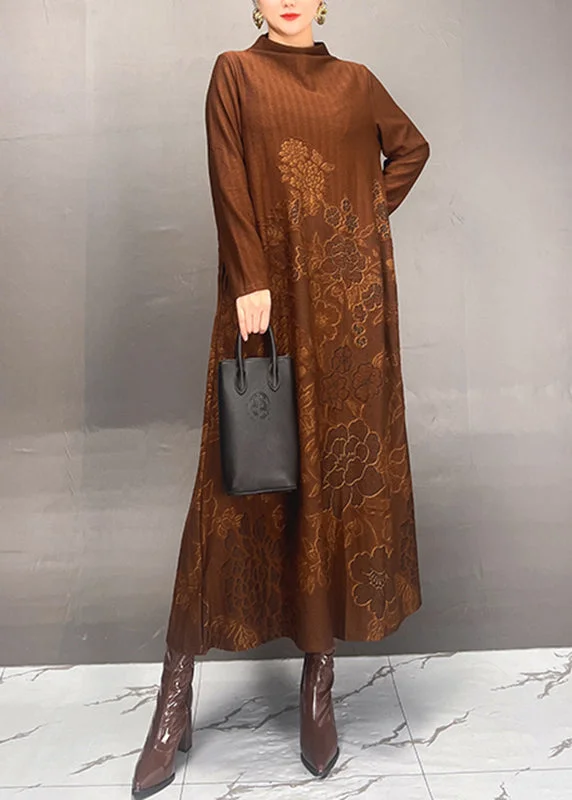 boho dressWomen Brown Stand Collar Print Long Dresses Spring