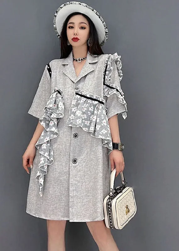 backless dressFrench Grey Notched Collar Asymmetrical Design Lace Patchwork Vacation Dress Short Sleeve