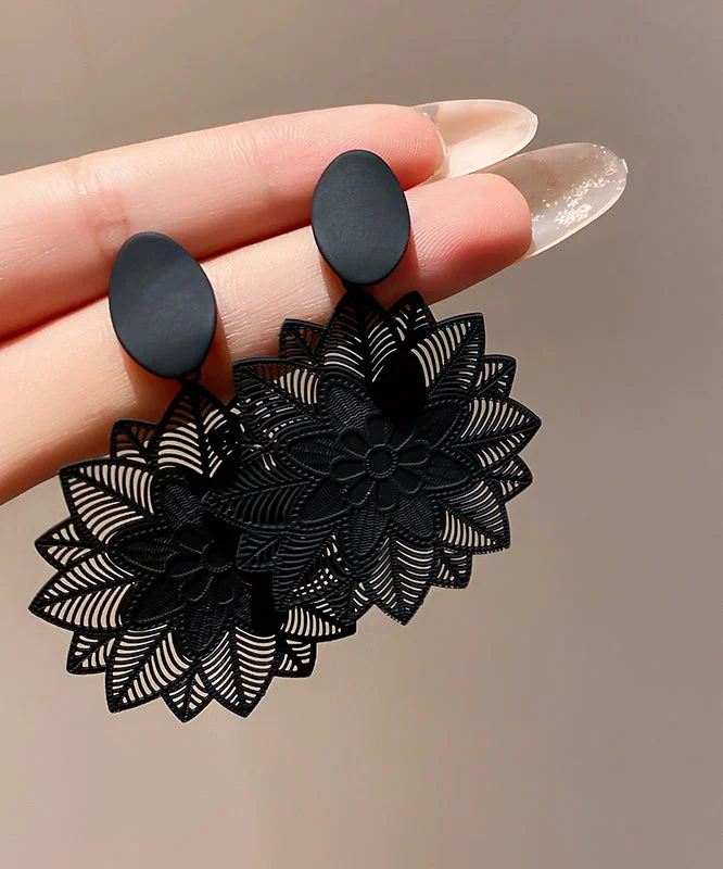 off-shoulder dressStylish Black Sterling Silver Alloy Hollow Out Floral Drop Earrings